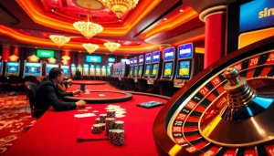 Experience mm88 excitement with players at a poker table amidst vibrant casino lights.
