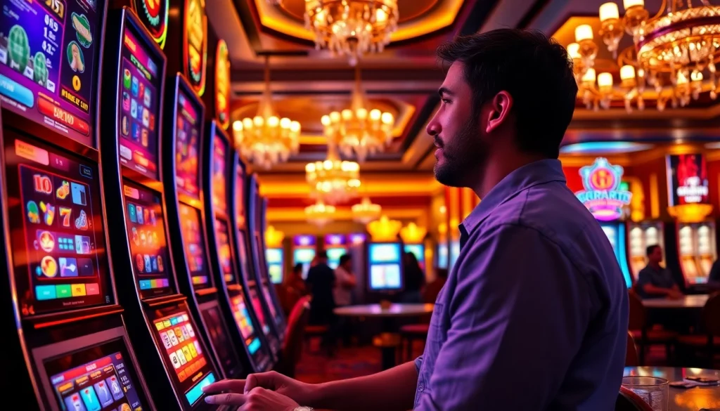 Mencoba slot dalam permainan mesin slot yang cerah dan berwarna-warni di kasino.