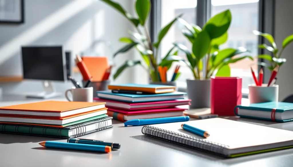Organize your office stationery uk with stylish notebooks and pens in a modern workspace.