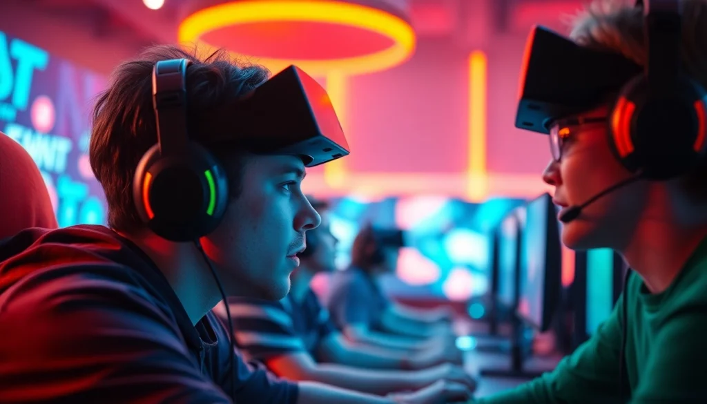 View the intense gaming action at https://gamelevate.com showcasing competitive players in a vibrant esports environment.