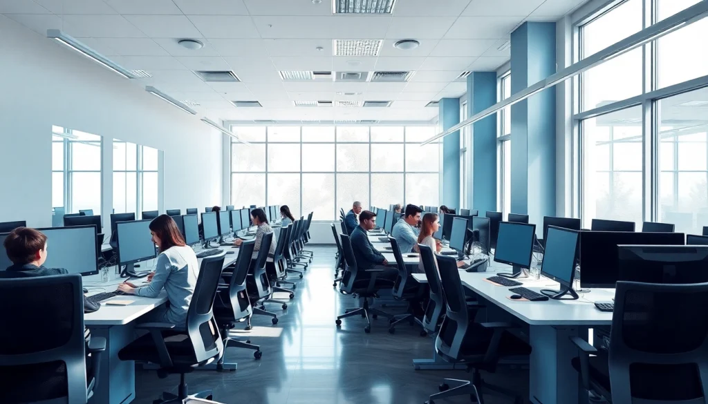 Engaged team members working diligently in a modern typing center with advanced equipment.