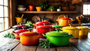 Showcase of vibrant Le Creuset NZ cast iron cookware in a rustic kitchen setting.
