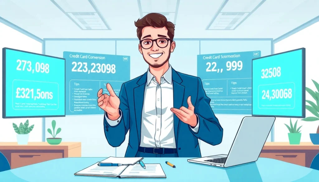 신용카드 현금화 전문가가 현대적인 사무실에서 금융 조언을 제공하는 모습