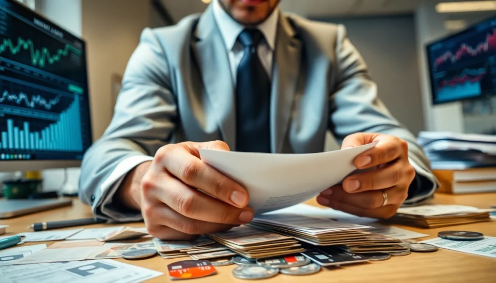 신용카드 현금화 과정에서 금융 전문가가 문서를 분석하는 모습