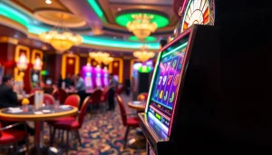 Mesin slot QRIS108 Slot yang menarik di kasino dengan desain canggih dan cahaya LED yang berkilau.