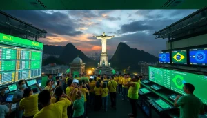 Engaged audience in sports betting Brazil with iconic landmarks, vibrant atmosphere.