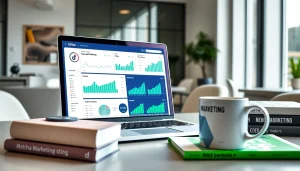 Analyze TikTok SMM panel metrics on a professional laptop in a modern office.