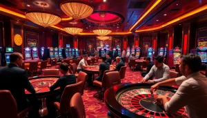 Experience the excitement of แบรนด์ F168 in a luxurious casino setting with vibrant gaming tables and slot machines.