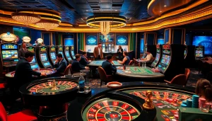 S88vip players enjoying a high-stakes game at an upscale casino with vibrant decor.