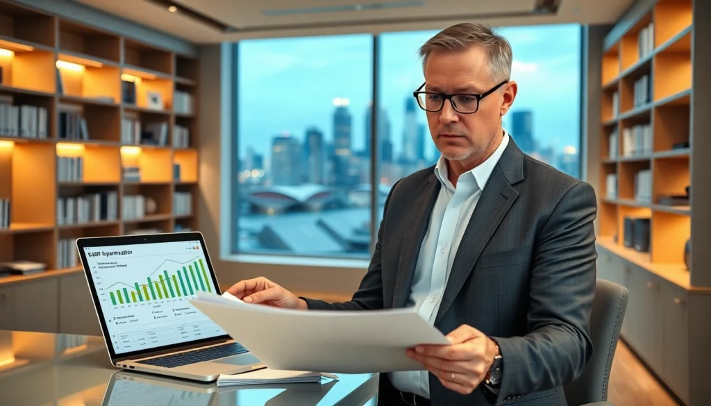 SMSF auditor reviewing financial documents in a modern office.