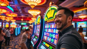 Menang di Mahjong Ways 2 dengan latar belakang kasino yang cerah dan penuh keceriaan.