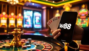 Experience high-stakes gaming at W88 with a luxurious casino scene featuring roulette, poker, and mobile gambling.