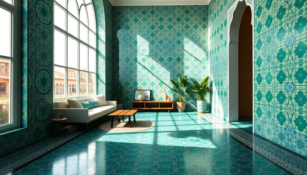 Carreaux Zellige dans un salon éblouissant, mettant en valeur des motifs complexes et des couleurs vibrantes.