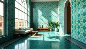 Carreaux Zellige dans un salon éblouissant, mettant en valeur des motifs complexes et des couleurs vibrantes.