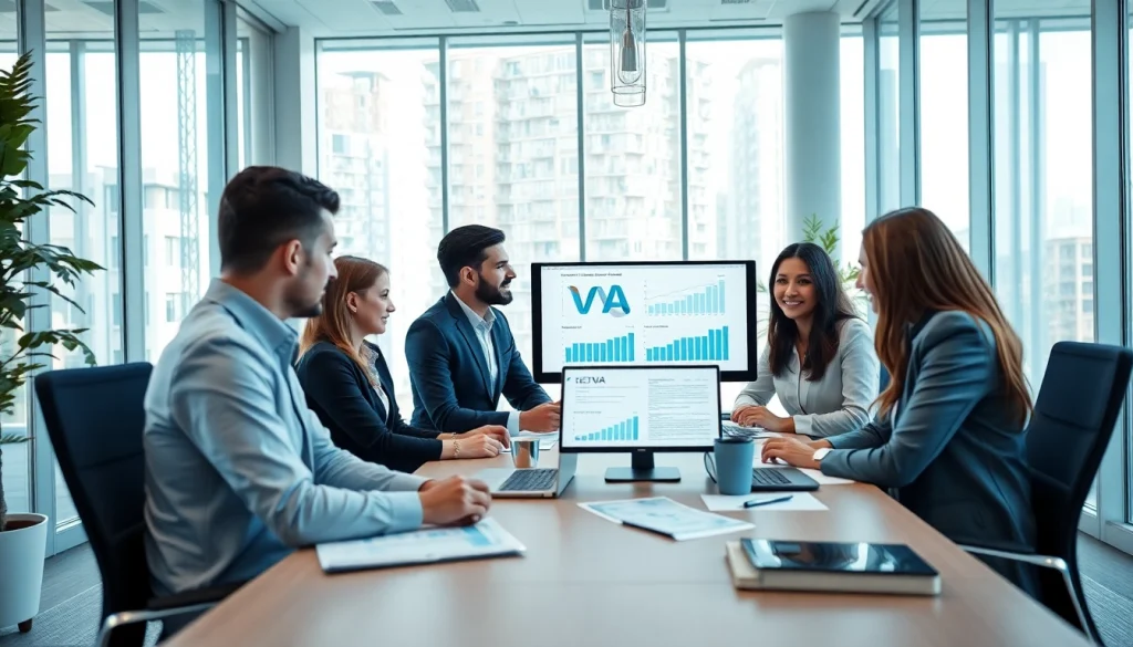 VAT Return Filing in a professional office setting with diverse financial experts collaborating.