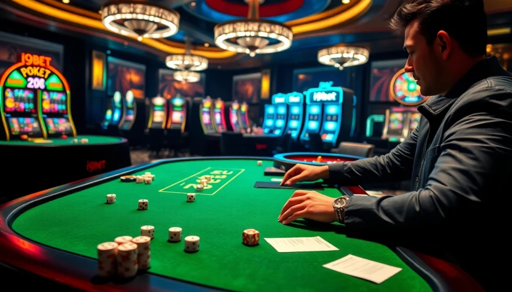 i9bet player placing a bet at an exciting casino table with poker chips and cards.