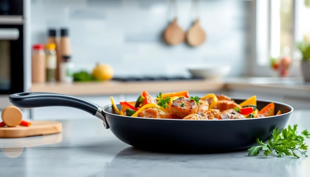 Stir-frying vegetables in a nonstick fry pan NZ with a modern kitchen backdrop.