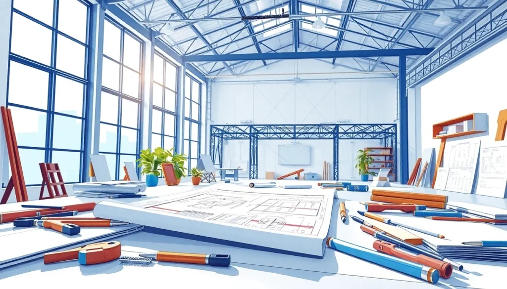Showcasing detailed steel structure design plans with architectural tools in a bright office.