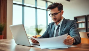 Agriculture lawyer reviewing legal documents in a bright office setting with natural light.