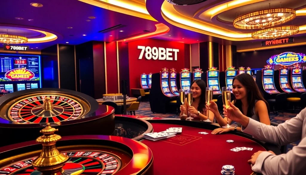 Excited players enjoying a luxury casino experience with 789BET's roulette and poker tables.
