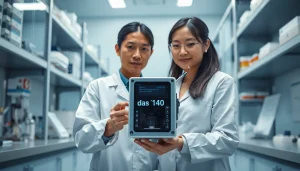 Technician analyzes the das 140 device in a modern laboratory.