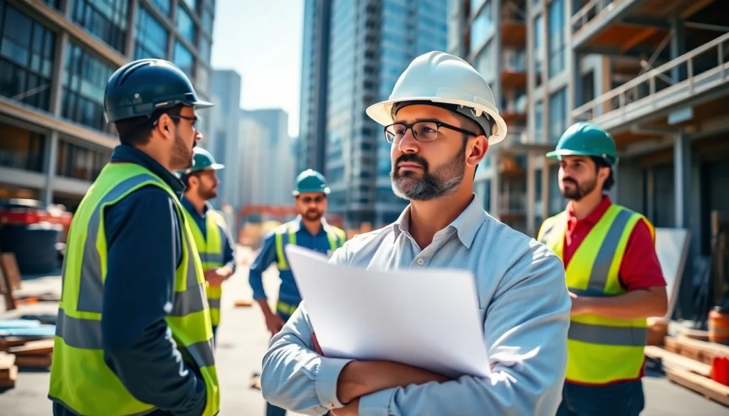 New Jersey General Contractor leading a team on an active construction site with blueprints.