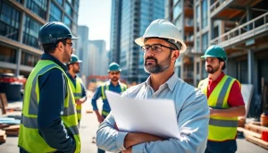 New Jersey General Contractor leading a team on an active construction site with blueprints.