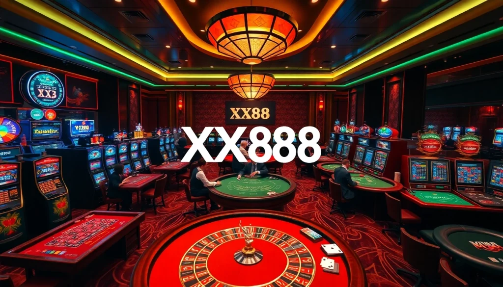 Experience the excitement of a luxurious casino with XX88 branding in a vibrant gambling scene.