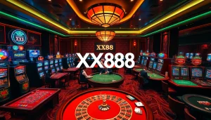 Experience the excitement of a luxurious casino with XX88 branding in a vibrant gambling scene.