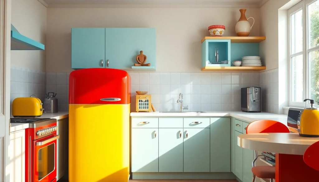 Showcase retro appliances in a bright kitchen setting with vintage styling and cheerful colors.