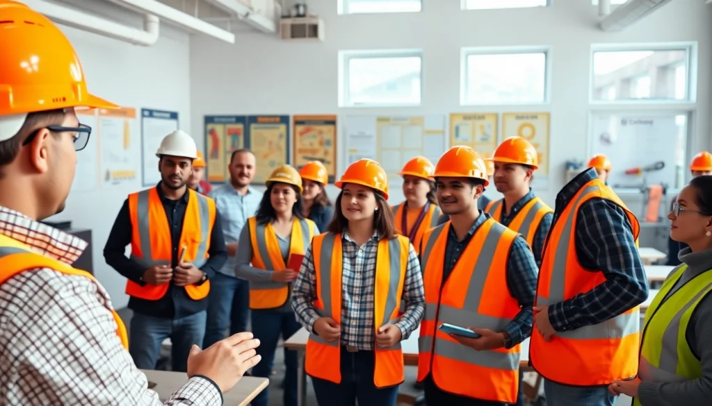 Engaged participants in a construction safety training workshop demonstrating safety equipment use.