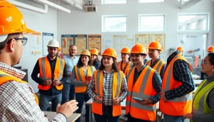 Engaged participants in a construction safety training workshop demonstrating safety equipment use.