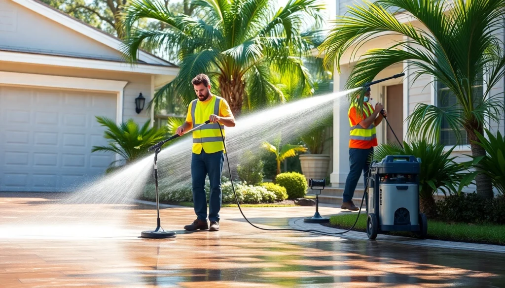 Professional pressure wash crew cleaning a home exterior in Kissimmee, Florida, showcasing effective cleaning techniques.
