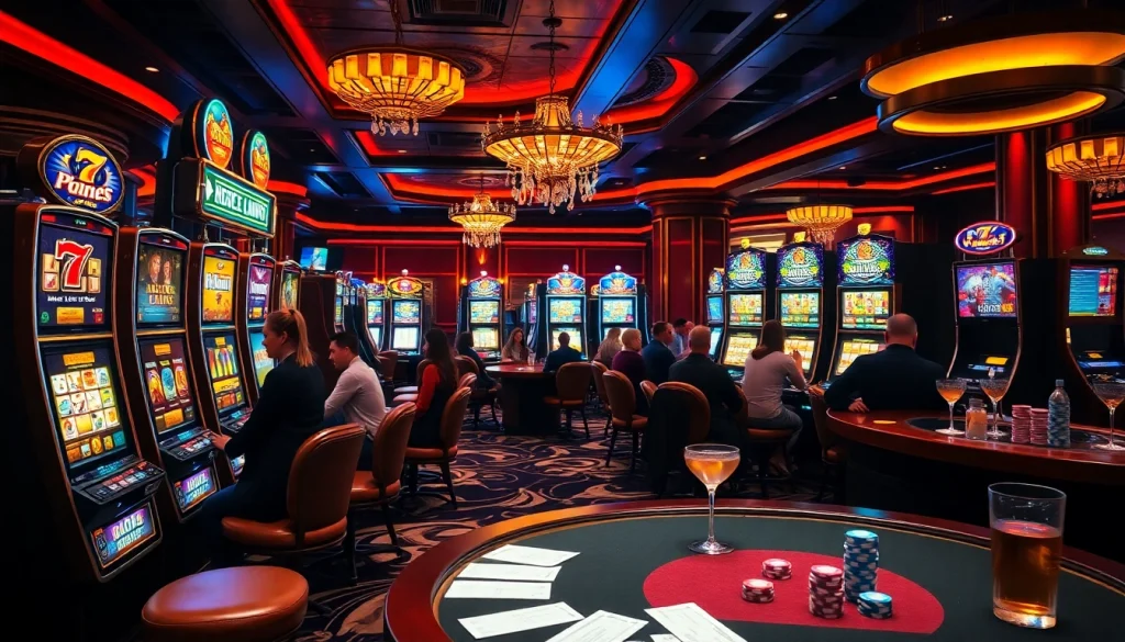 Exploring 슬롯커뮤니티 with diverse players at vibrant slot machines in a luxury casino.