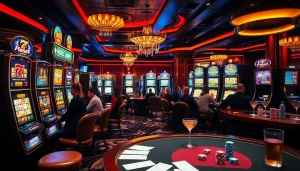 Exploring 슬롯커뮤니티 with diverse players at vibrant slot machines in a luxury casino.