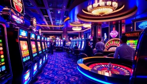 Excited players engaging with slot bet kecil minimum bet machines in a vibrant casino.
