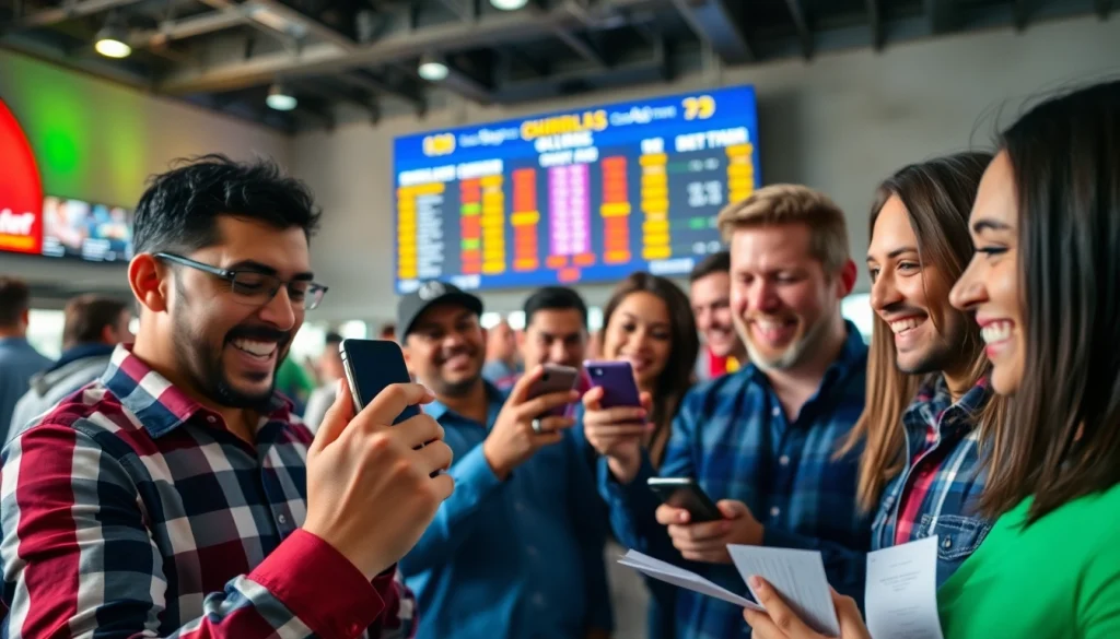 Engaged users enjoying sports betting California on mobile apps amidst a lively atmosphere.