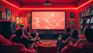 Enjoying filme online gratis together in a cozy home cinema setup with friends.