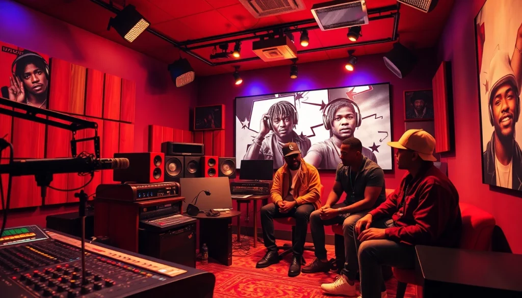 Dynamic workspace of the top hip hop PR firm featuring vibrant music studio elements.