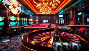 Experience the excitement of F8bet with a luxurious casino setting filled with roulette wheels and slot machines.