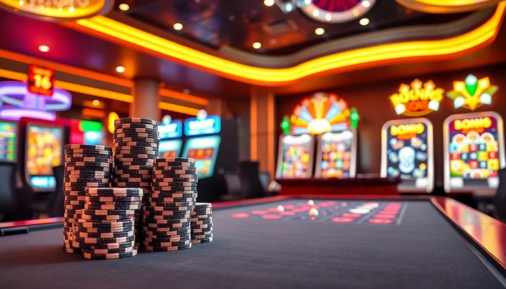 A vibrant casino scene depicting Situs Slot Gacor with exciting slot machines and luxurious poker setups.