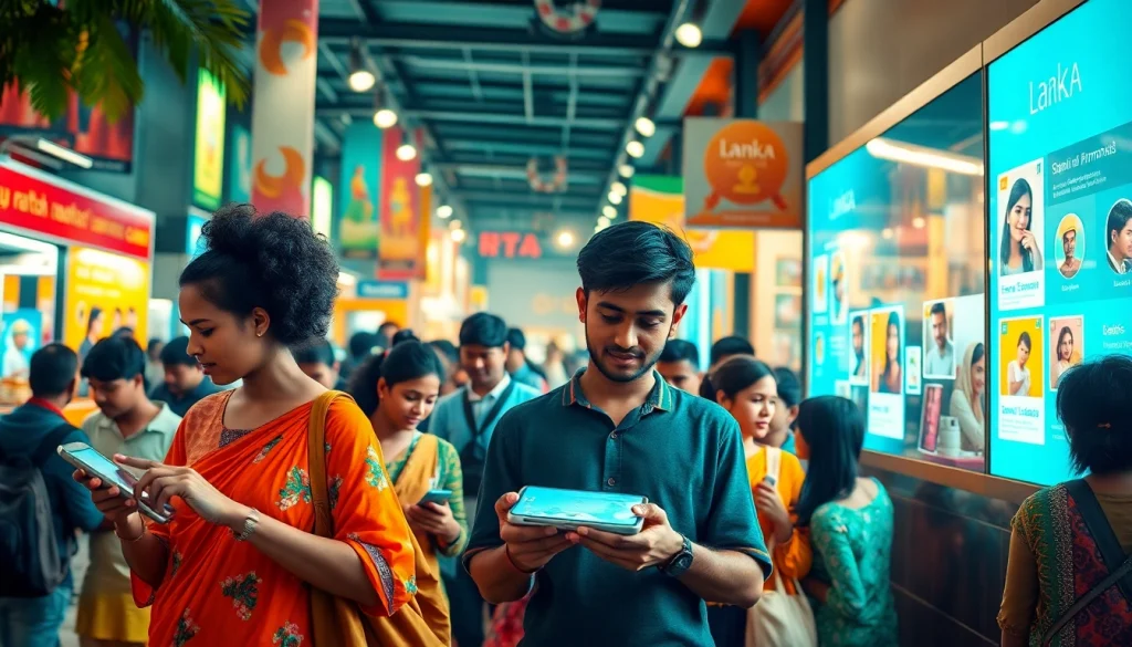 Lanka Ad digital marketplace scene showcasing diverse individuals engaging with vibrant advertisements.