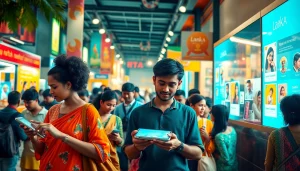 Lanka Ad digital marketplace scene showcasing diverse individuals engaging with vibrant advertisements.