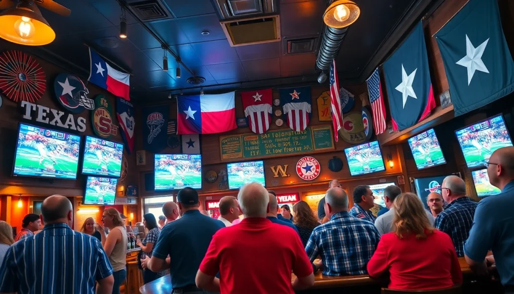 Engaged fans discussing sports betting Texas at a vibrant bar, filled with memorabilia and excitement.