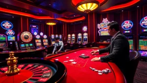 Exciting casino scene at shbet88 with players and roulette wheel, showcasing thrilling gambling action.