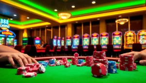 Experience the excitement of gambling at nhà cái 888b with vibrant poker tables and enticing slot machines.