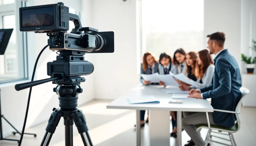 Creating engaging corporate video production strategies with a team in a bright studio.