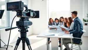Creating engaging corporate video production strategies with a team in a bright studio.