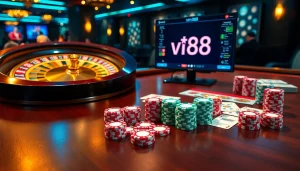 Engaging casino scene with vn88 branding, vibrant poker chips, and roulette wheel reflecting excitement.