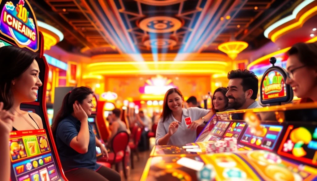 Menampilkan pemain yang bersemangat di Istana777 dengan mesin slot yang menarik dan suasana kasino yang meriah